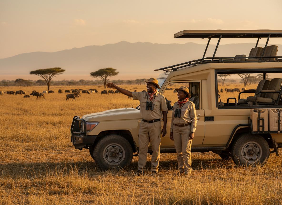 Safari guides with vehicle in the Serengeti