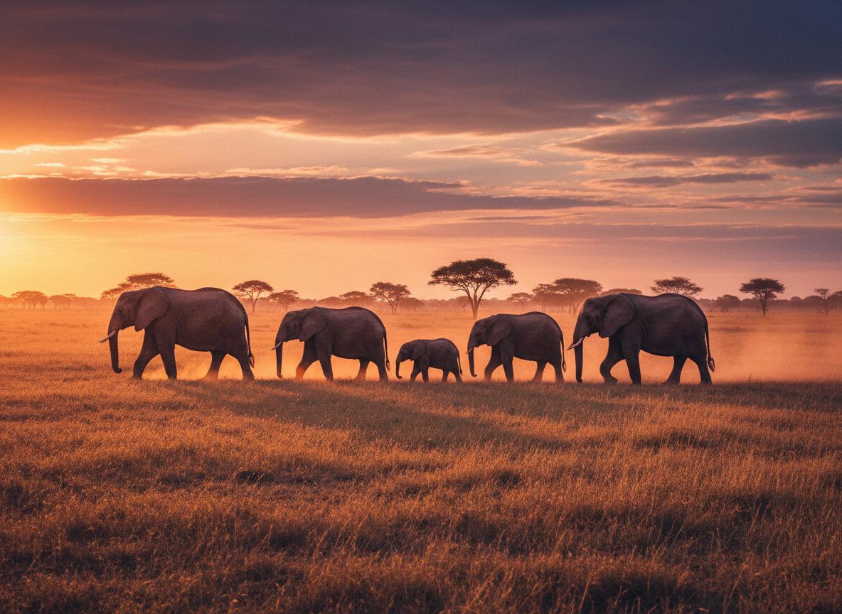 Elephant Family at Sunset